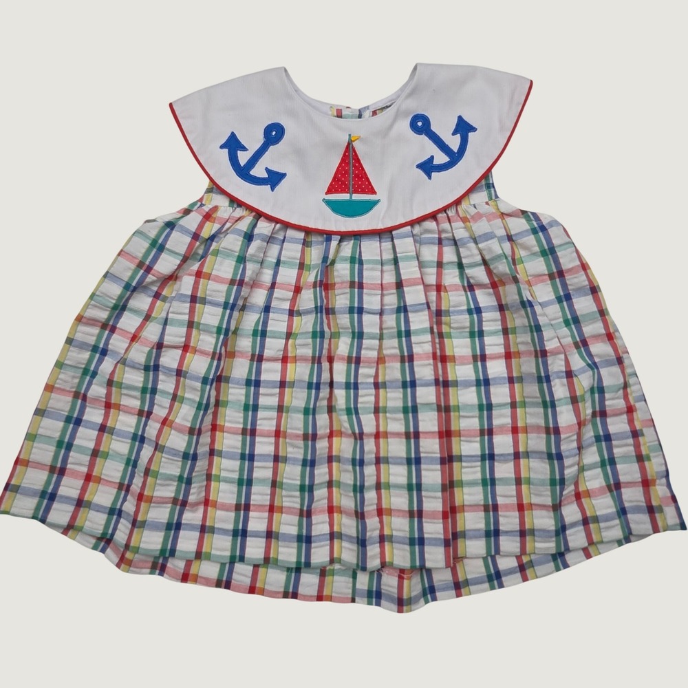 Vintage Samara Baby Girl Dress 18M Sailor Nautical Plaid Anchor Seersucker 90s
